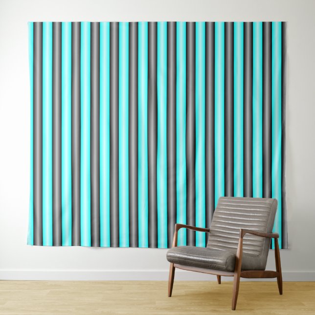 Modern Neon Blue and Black 3D Metal Effect Stripes Tapestry (In Situ (Horizontal))