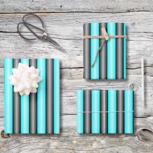 Modern Neon Blue and Black 3D Metal Effect Stripes Wrapping Paper Sheet