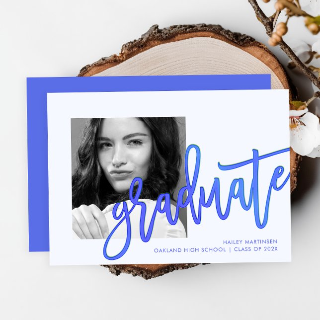 Modern Neon Blue Typography Photo Grad Party Invitation (Creator Uploaded)