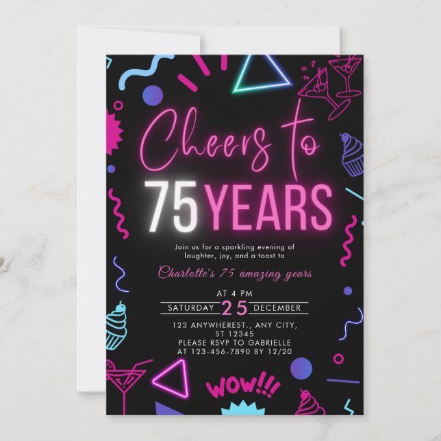 Modern Neon Cheers to 75 Years 75th Birthday Party Invitation (Front)