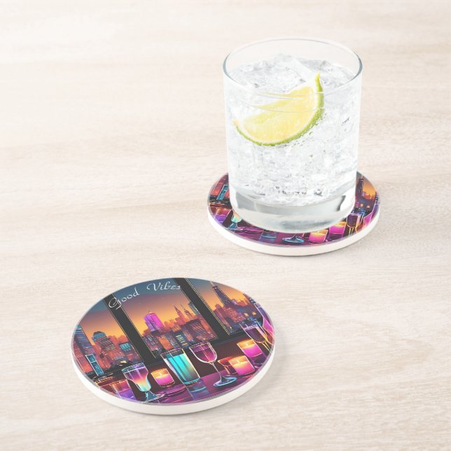 Modern Neon City Bar Round Stone Coaster (Side)