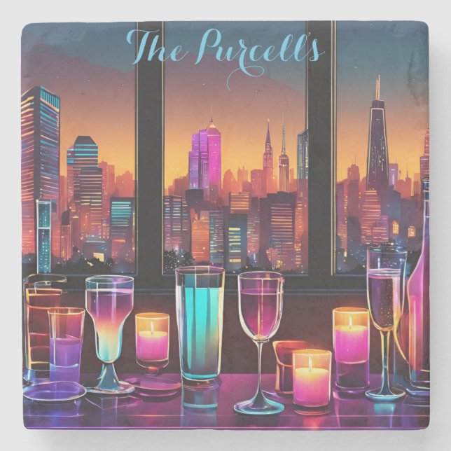 Modern Neon City Bar Square Marble Stone Coaster (Front)