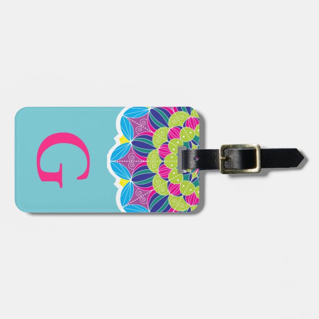 Modern Neon Colours Bright Mandala & Initial Luggage Tag (Front Horizontal)