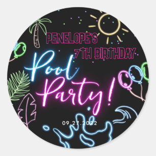 Modern Neon Glow Black Pool Party Birthday Classic Round Sticker