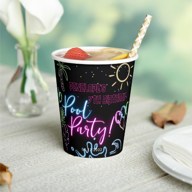 Modern Neon Glow Black Pool Party Birthday Paper Cups (Insitu)