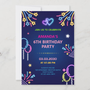Modern Neon Glow Girl Birthday Party Invitation