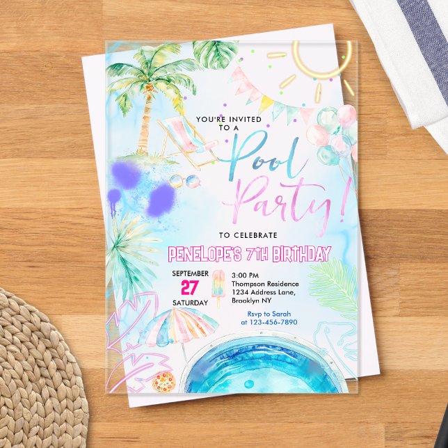 Modern Neon Glow Watercolor Pool Party Birthday Acrylic Invitations (Creator Uploaded)