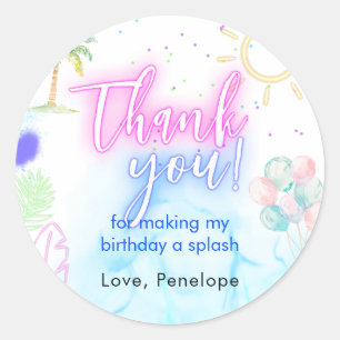 Modern Neon Glow Watercolor Pool Party Thank you Classic Round Sticker