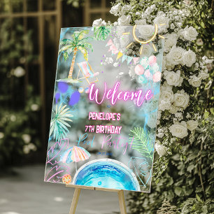 Modern Neon Glow Watercolor Pool Party Welcome Acrylic Sign