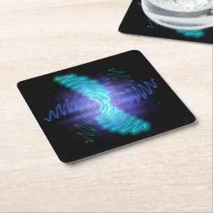 Modern Neon Glowing Sound Waves Square Paper Coaster