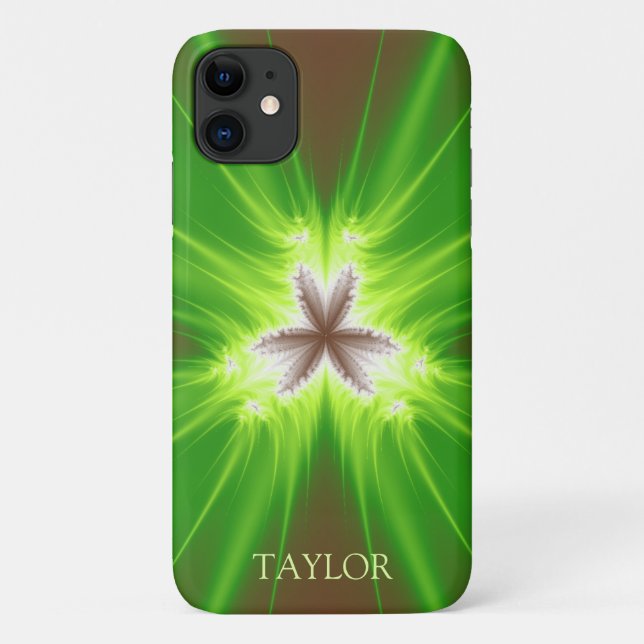Modern Neon Green Brown Fractal With Name Case-Mate iPhone Case (Back)