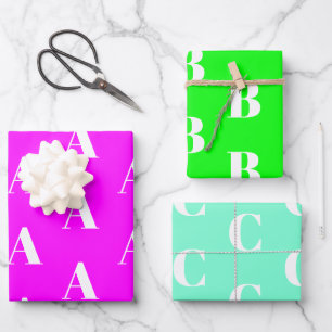 Modern neon green magenta aqua custom initial wrapping paper sheet