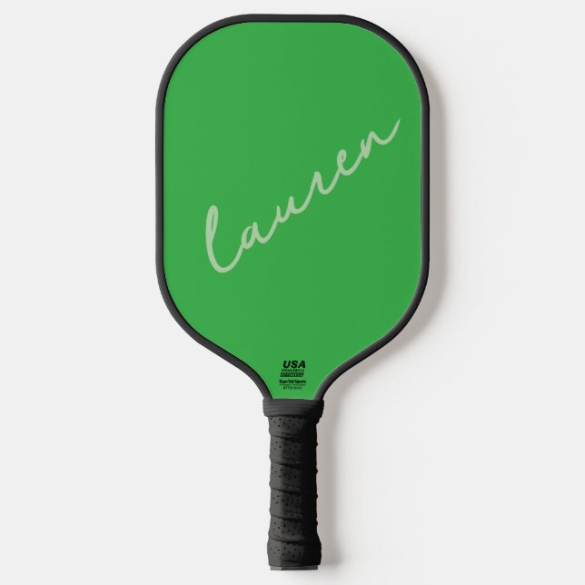 Modern Neon Green Script Name  Pickleball Paddle (Front)