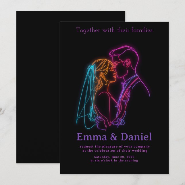 Modern Neon Line Art Couple Wedding Invitation (Devant / Derrière)