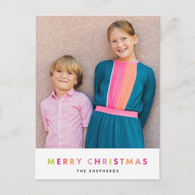 Modern Neon Merry Christmas Photo Postcard (Front)