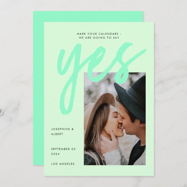 Modern Neon Mint Green Big Script Photo Wedding Save The Date (Front/Back)