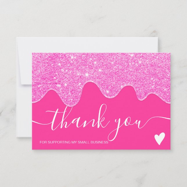 Modern neon pink glitter drips order thank you card (Front)