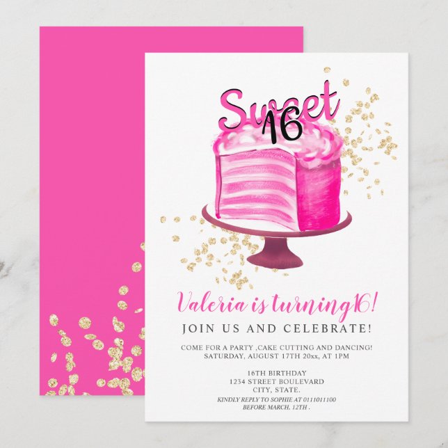 Modern neon pink gold cake cutting girly Sweet 16 Invitation (Front/Back)