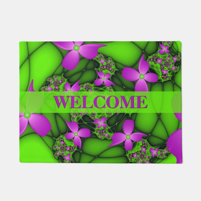 Modern Neon Pink Green Fractal Art Flowers Welcome Doormat (Front)