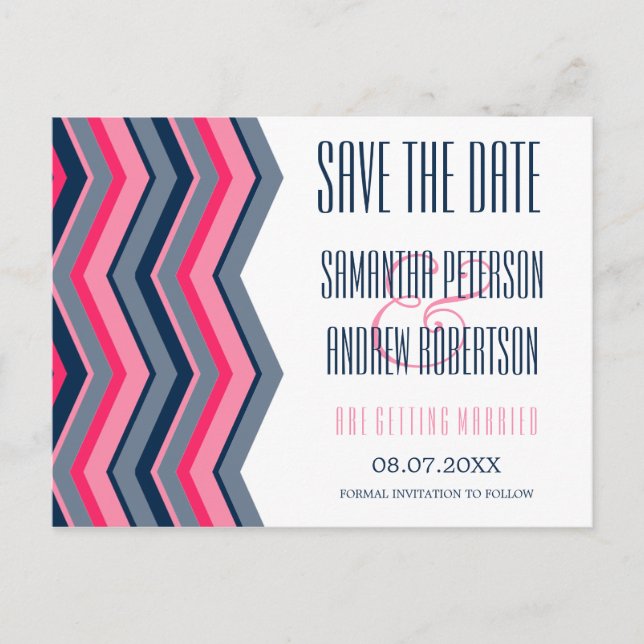 Modern neon pink navy blue chevron save the date announcement postcard (Front)