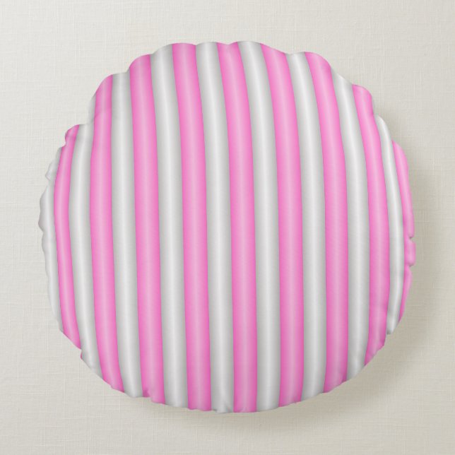Modern Neon Pink Stripes with 3D Effect Round Pillow (Front)