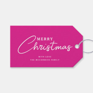 Modern Neon Pink White Merry Christmas Script Gift Tags