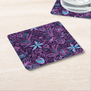 Modern Neon Purple Floral Pattern Square Paper Coaster