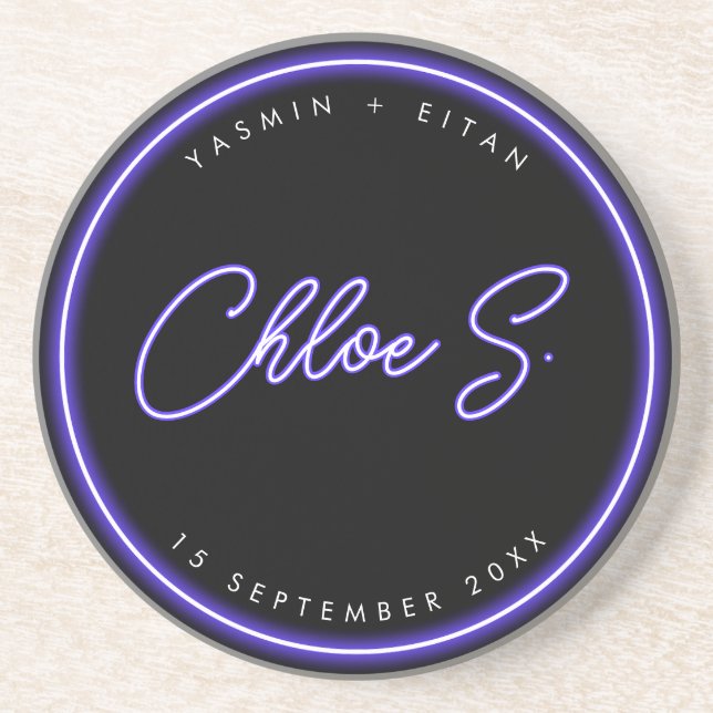 Modern Neon Purple Script Name Wedding Favour Coaster (Front)