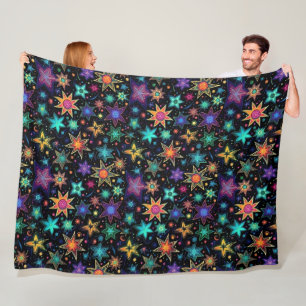 Modern neon stars on black fleece blanket