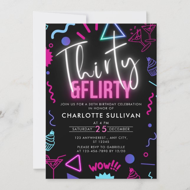 Modern Neon Thirty & Flirty 30th Birthday Party Invitation (Front)