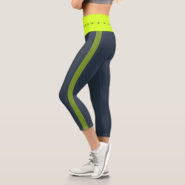 Modern Neon Yellow Dark Navy Stars Stripes Capri Leggings (Left)