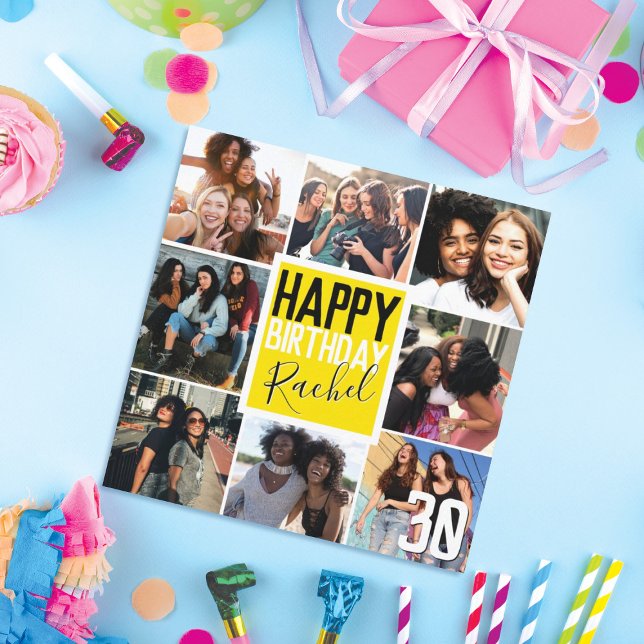 Modern Neon Yellow Friends Photo Collage Birthday Card (Creator Uploaded)