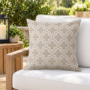 Modern Neutral Beige Moroccan Quatrefoil Pattern Outdoor Pillow