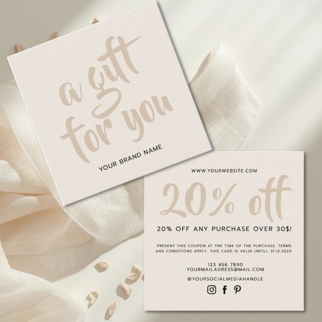 Modern neutral beige script coupon discount card (Creator Uploaded)