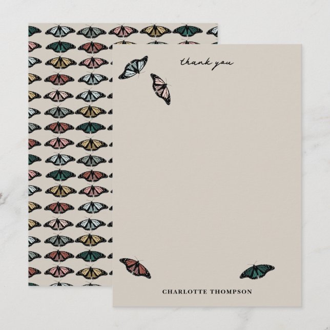 Modern Neutral Butterflies Garden Pattern Thank You Card (Front/Back)