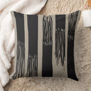 Modern Neutral Contrast Fringed Stripes Tan Black Throw Pillow