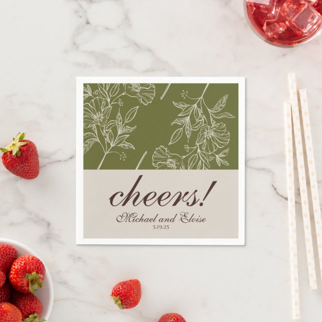 Modern Neutral Floral Cheers Personalized Wedding Napkin (Insitu)