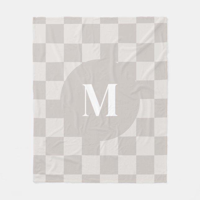 Modern Neutral Grey Chequered Monogram Fleece Blanket (Front)