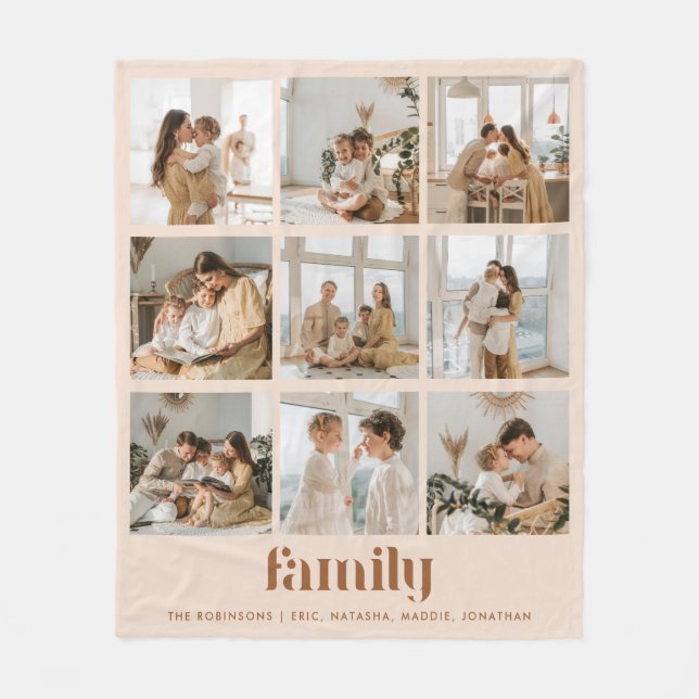Modern Neutral Photo Collage Family Names Fleece Blanket (Front)