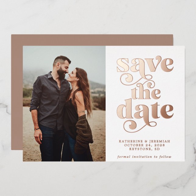 Modern Neutral Rose Gold Foil Photo Save the Date (Front/Back)