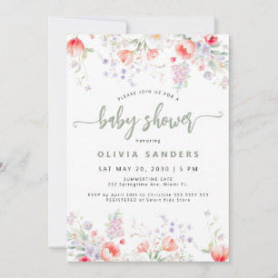 Modern neutral sage green floral baby shower invitation