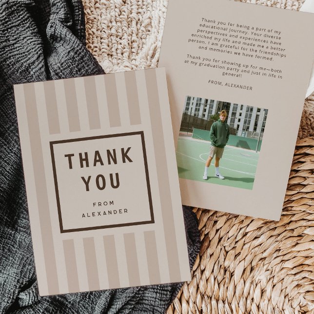 Modern Neutral Stripes Graduation Thank You Card (modern grey and beige sporty stripes graduation thank you card)