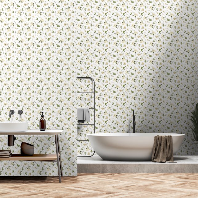 Modern Neutral Watercolor Floral Peel and Stick Wallpaper (Bathroom)
