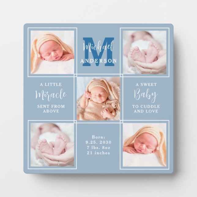 Modern New Baby Personalized 5 Photo Collage Blue Plaque (Front)