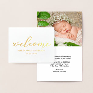 Modern New Baby Photo Welcome Gold Foil Note Card