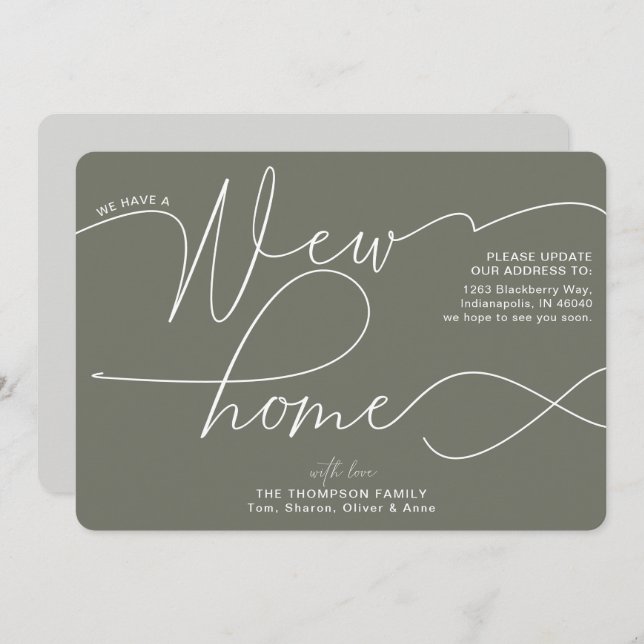 Modern New Home Calligraphy Olive Green Moving Announcement (Front/Back)