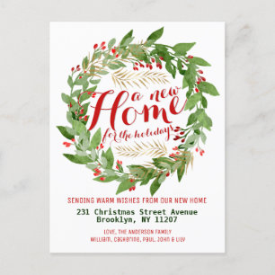 Modern New Home Holidays Christmas Wreath Moving Announcement Postcard
