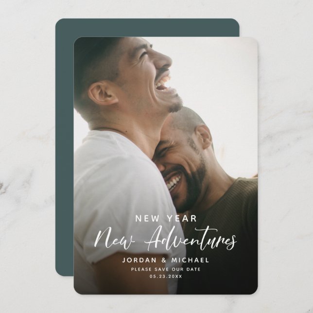 Modern New Year Engagement | Adventures Script Fun Save The Date (Front/Back)
