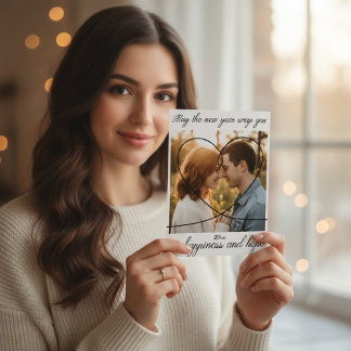 Modern New Year Heart Overlay Couple Photos Holiday Card