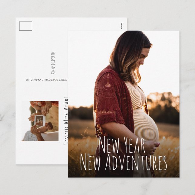 Modern New Year New Adventures Maternity Photos Holiday Postcard (Front/Back)
